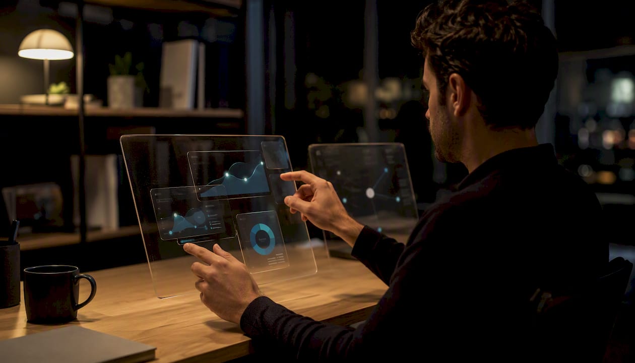 Hands adjusting physical data dashboard panels